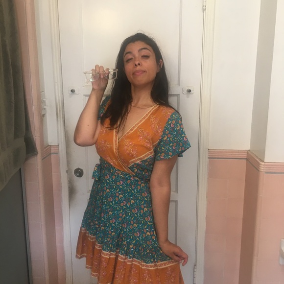 Boho Teal & Orange Wrap Dress - Picture 9 of 17